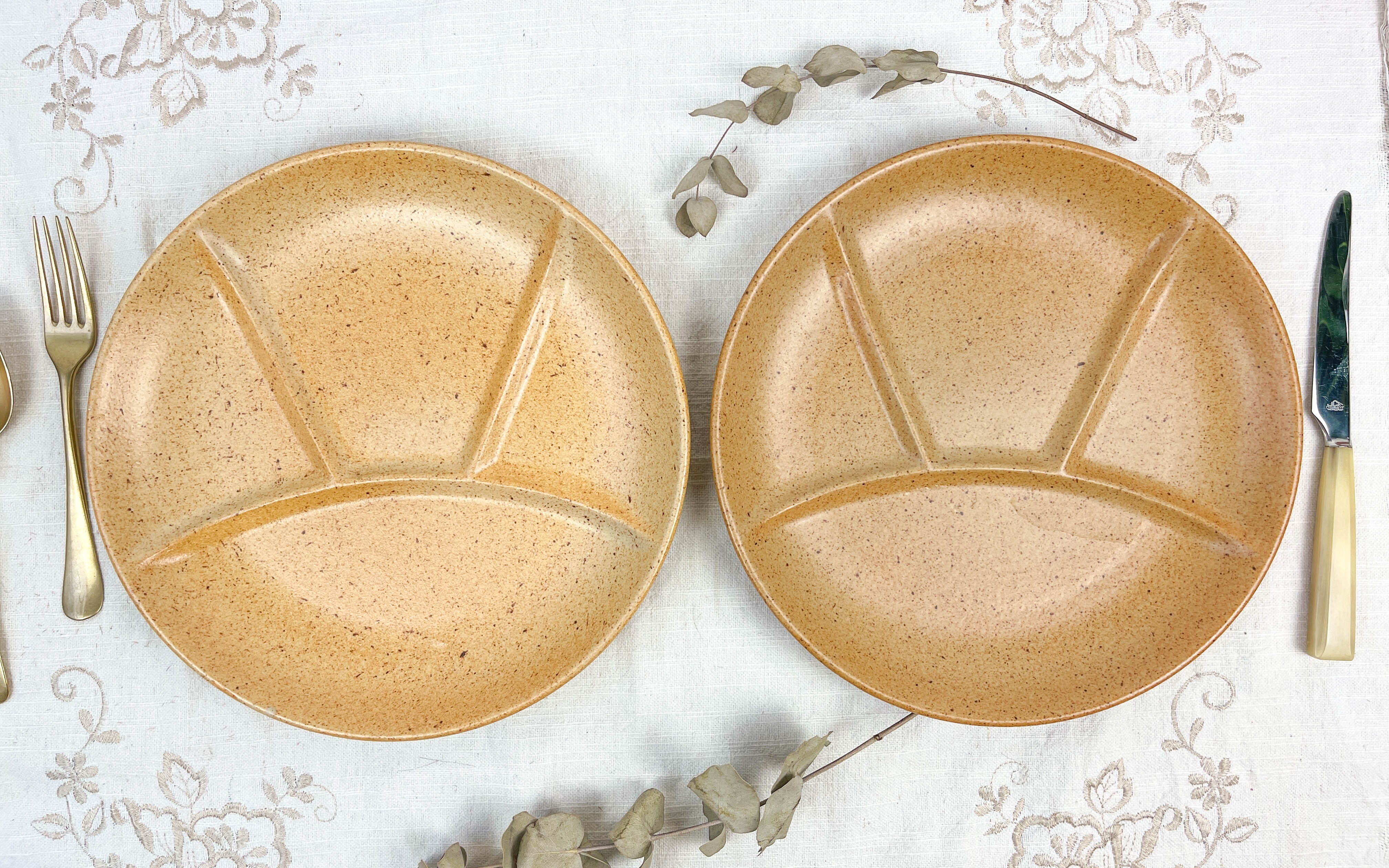 2 amber ceramic fondue plates made in france 1970