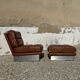 2 armchairs and 1 ottoman in brushed aluminium and brown leather, France, 1970