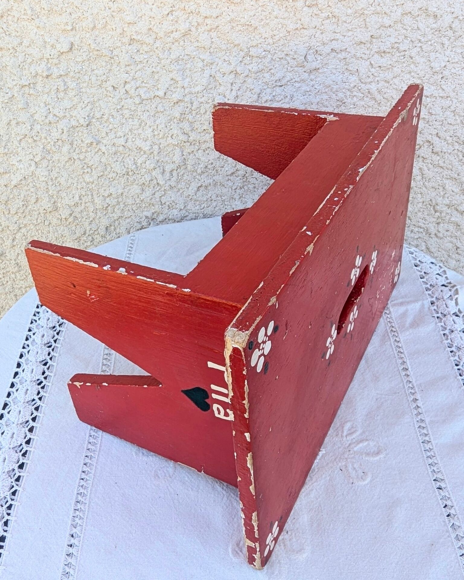 Small Stool Low Patinated Painted Footrest Vintage