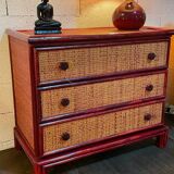 Wood and rattan commode Maugrion vintage 1980s