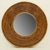 Round mid century modern mirror with wicker frame 100cm