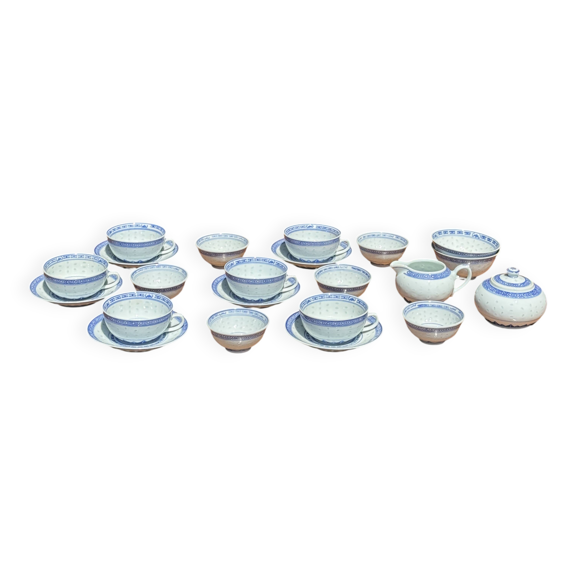 Small Chinese blue and white tea set for 6 cups and saucers.