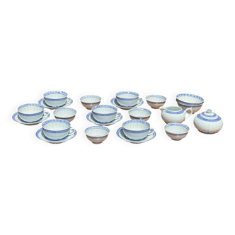 Small Chinese blue and white tea set for 6 cups and saucers.