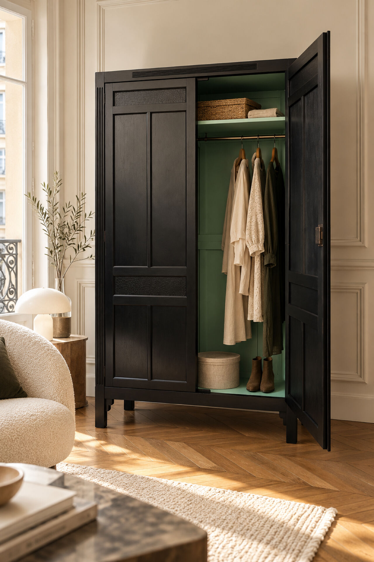 Renovated black Art Deco Parisian wardrobe