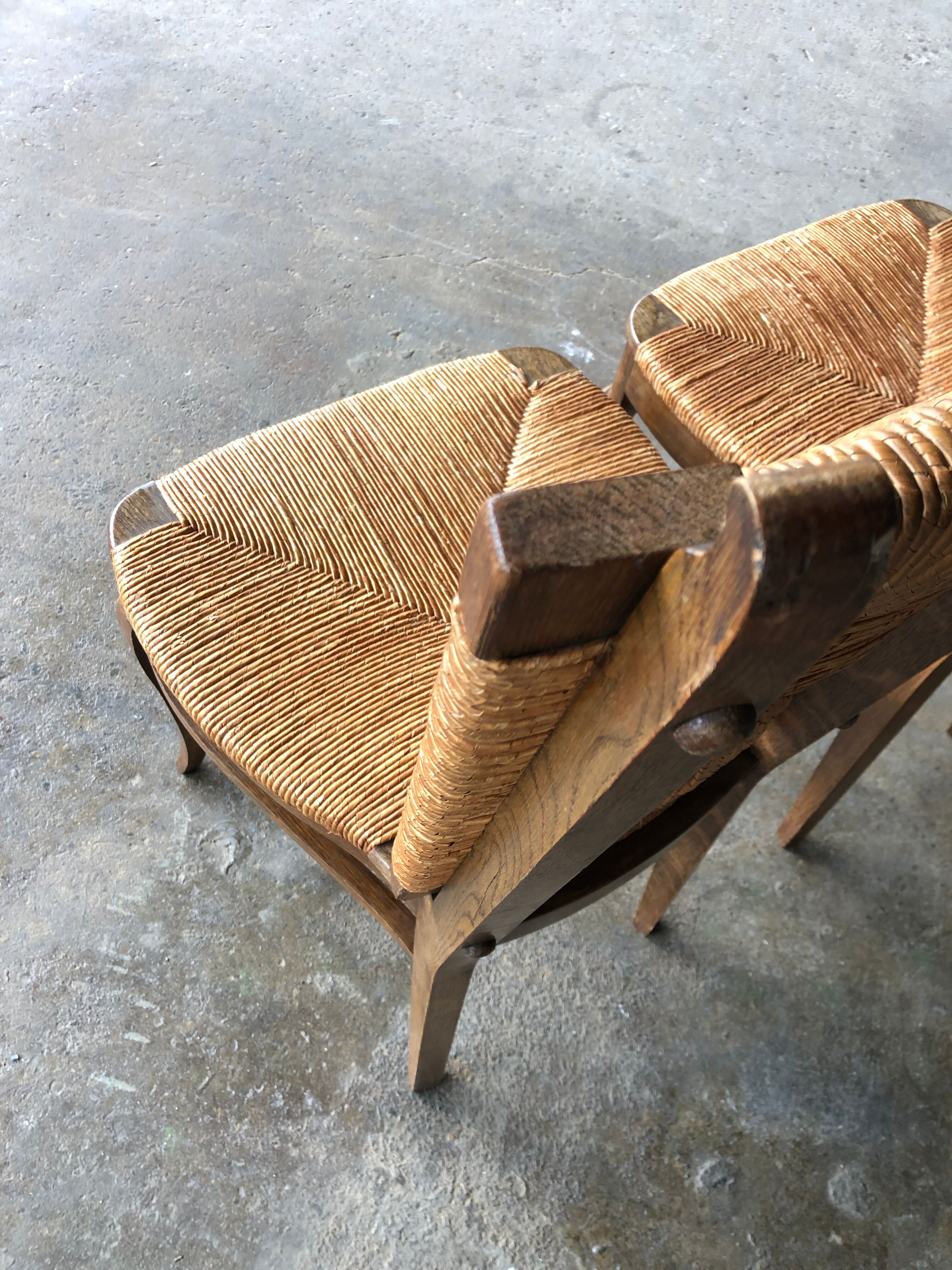 Dining chairs with rush made of oak wood, France 1950s, Set of 6