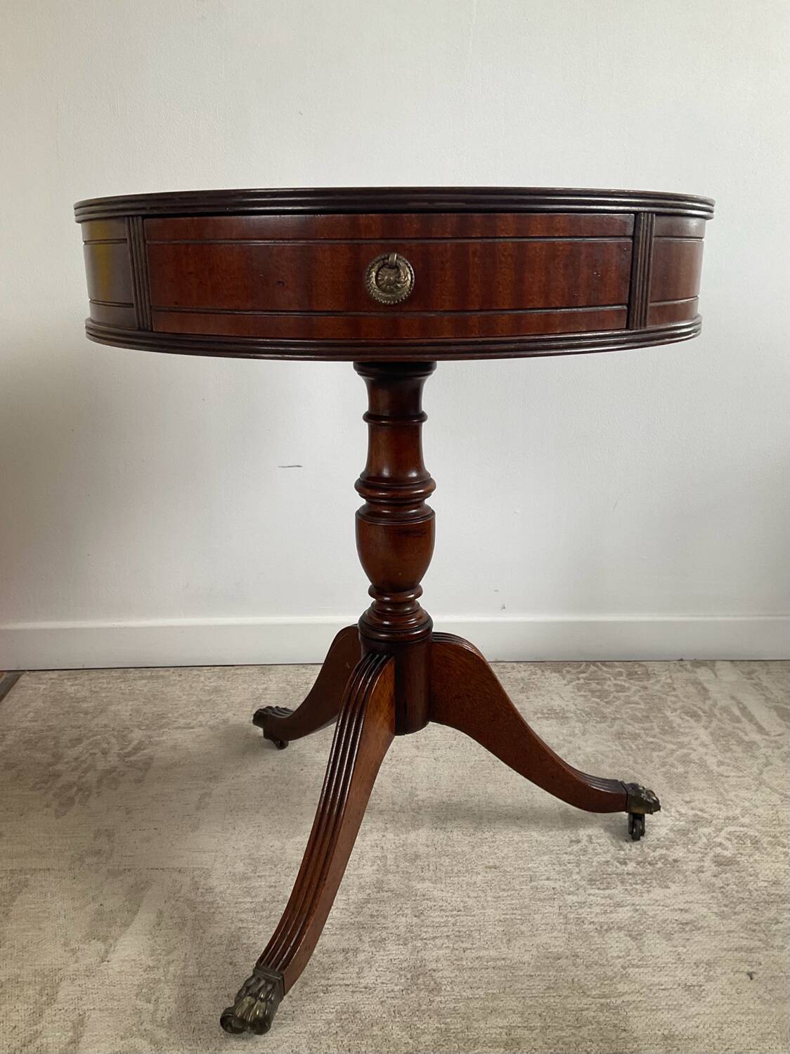 Antique Mahogany and Leather Side Table on Casters