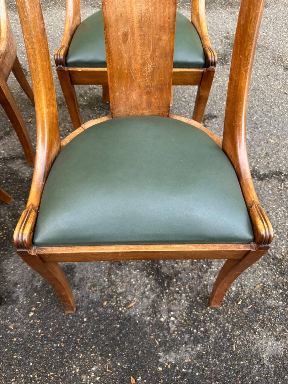 4 gondola chairs, Charles X restoration, solid wood and green leather, 19th century.