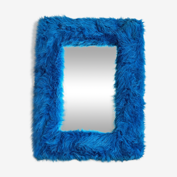 Funky space age blue furry wall mirror, faux fur