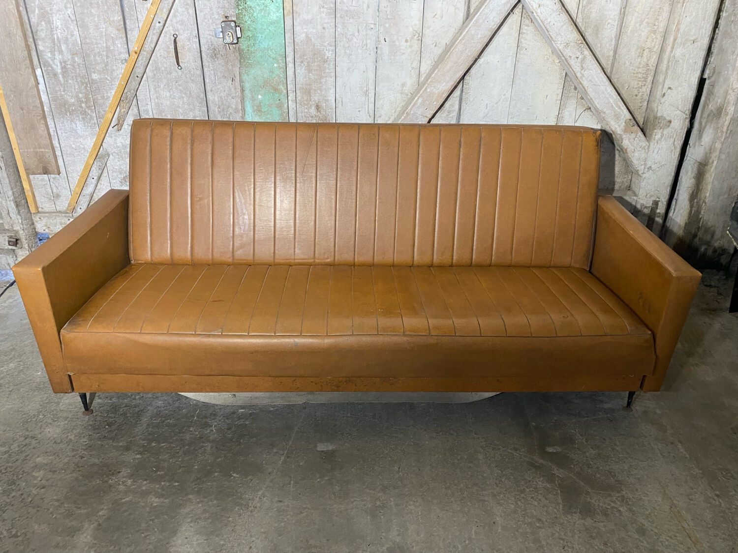 Vintage 60s 70s Brown Faux Leather Sofa Bed with Armrests #D4