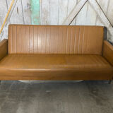 Vintage 60s 70s Brown Faux Leather Sofa Bed with Armrests #D4