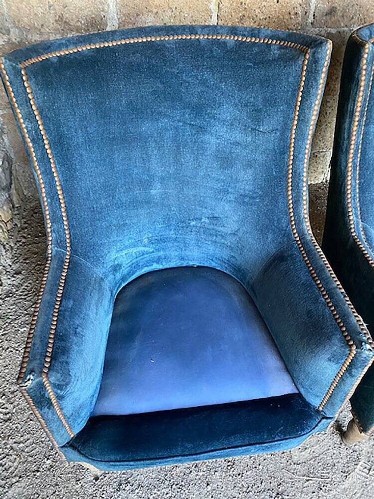 Art Deco pair of walnut and blue velvet chairs, set of 2, 1920s