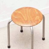 Tabouret vintage galette chêne et pieds gris