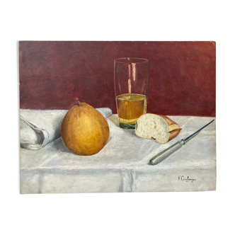 Still life table bread fruit