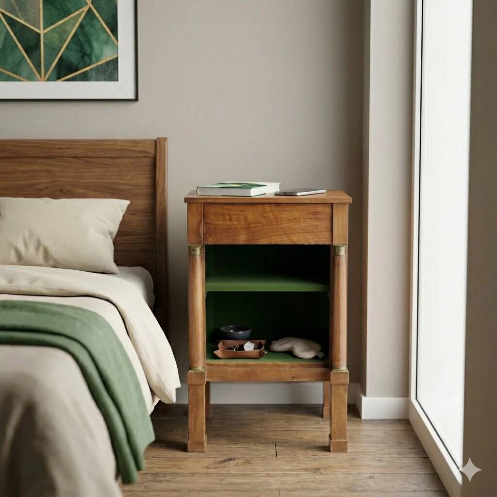 Antique bedside table in poplar with walnut veneer, 19th century.