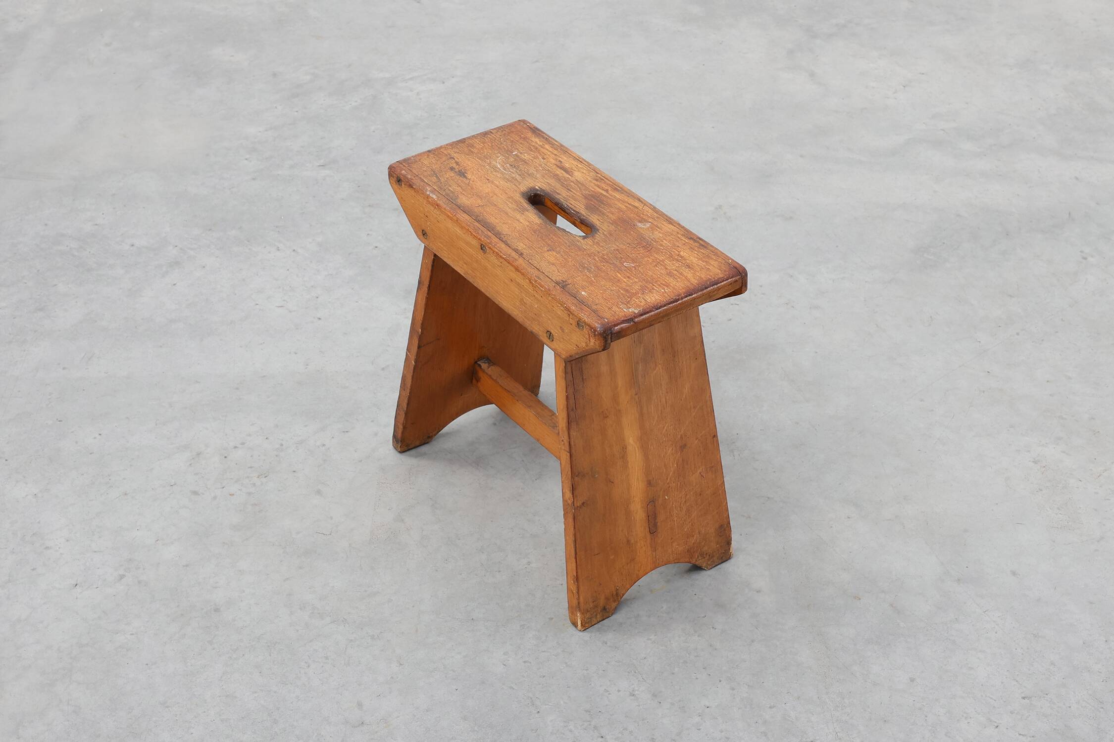 Rustic Pine Stool with Cut-Out Trestle Legs, Sweden, circa 1920