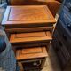 Stackable 3-piece nesting table in Asian teak wood with chinoiserie design.