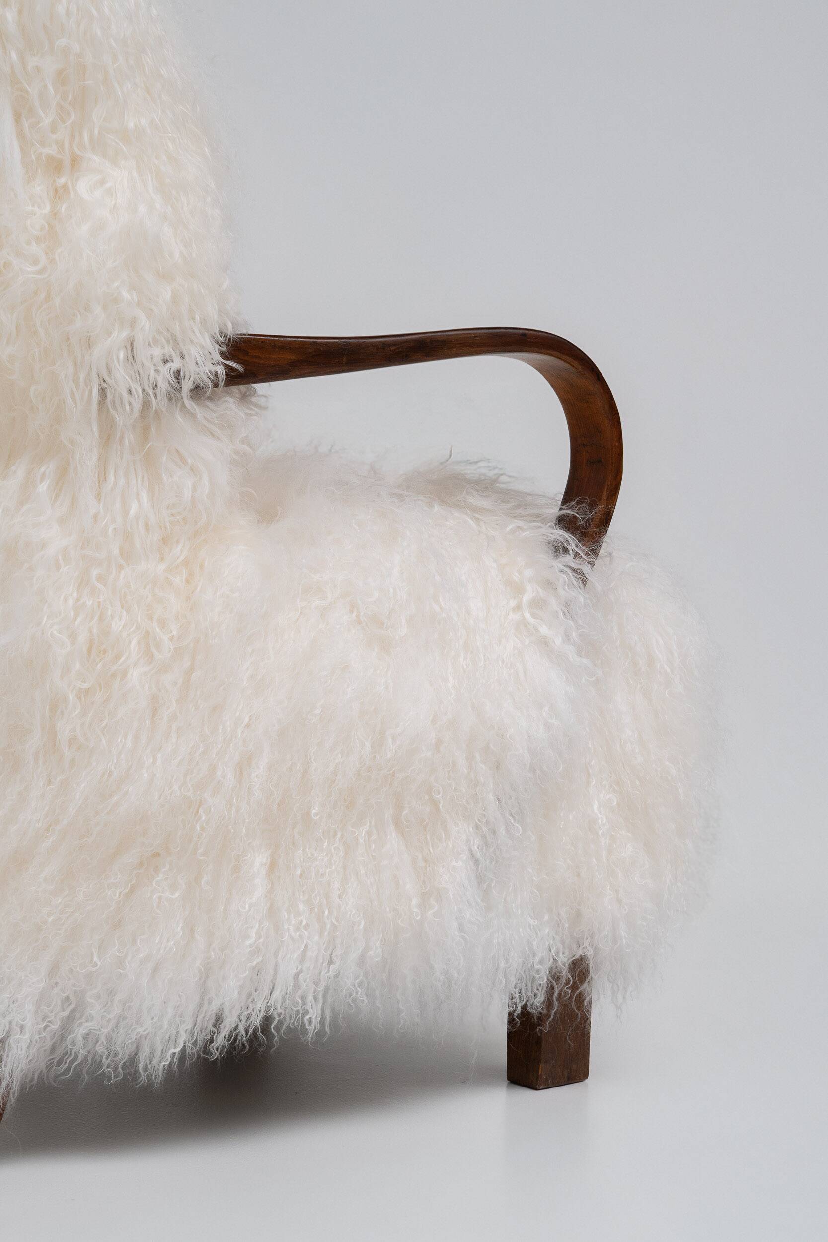 Pair of Art Deco Armchairs in Mongolian Sheepskin, 1950s