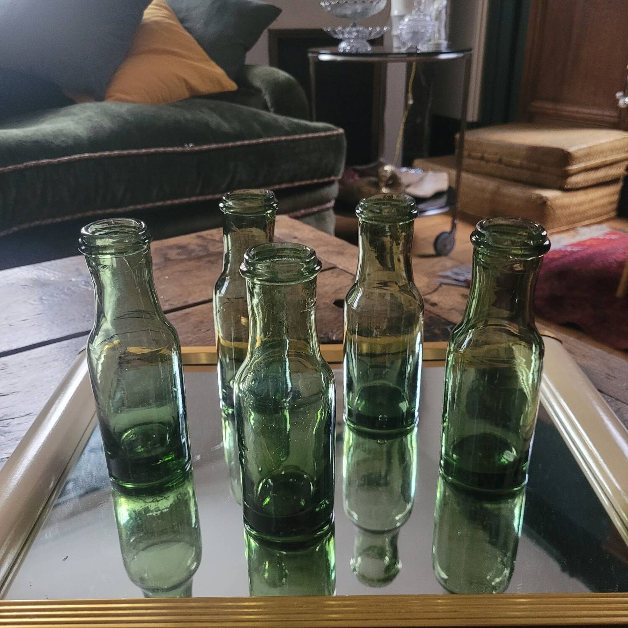 Lot of 5 vintage green bubble glass bottles (1950-1970)
