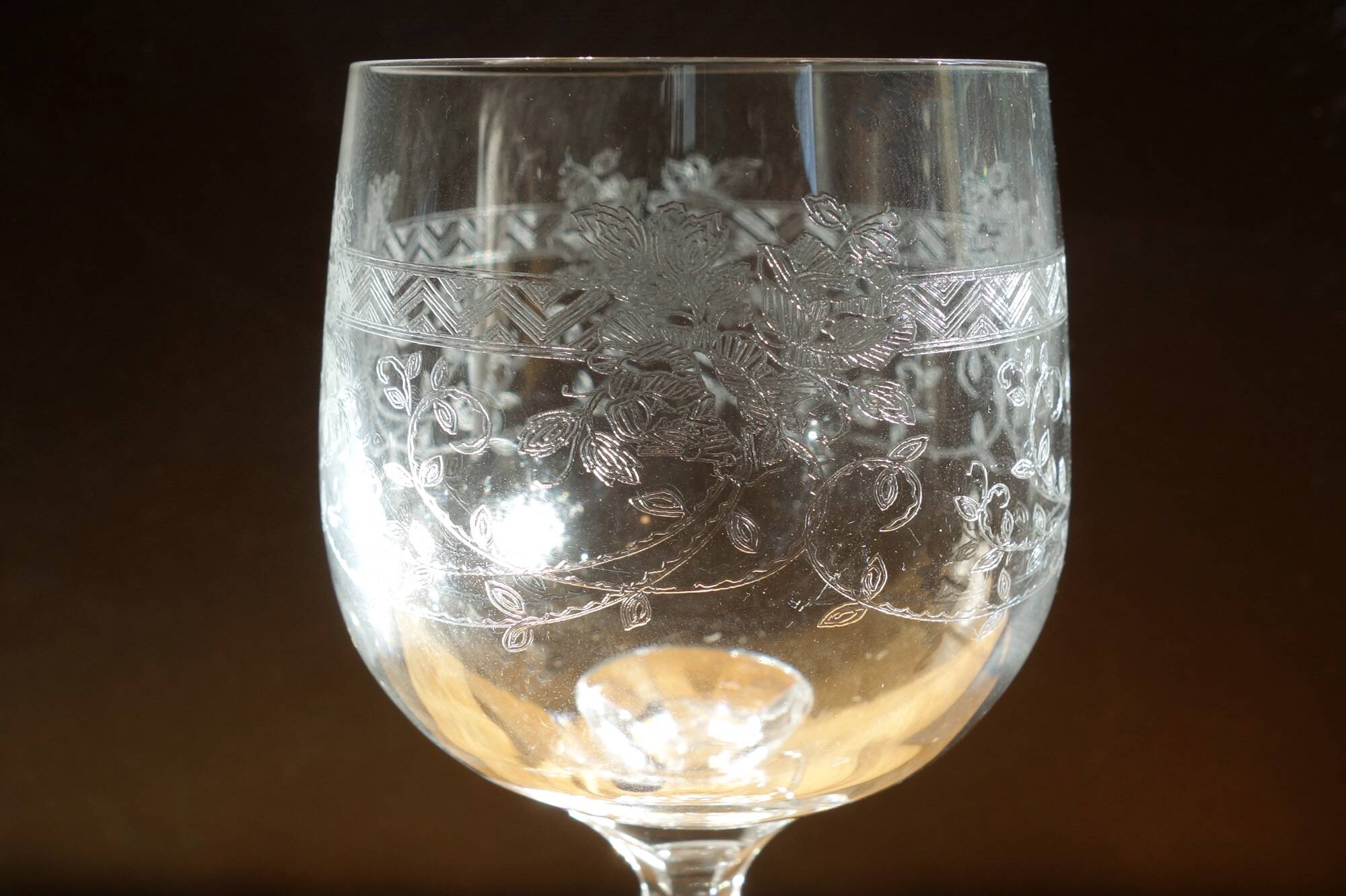 6 Bohemian Crystal Etched Wine Glasses