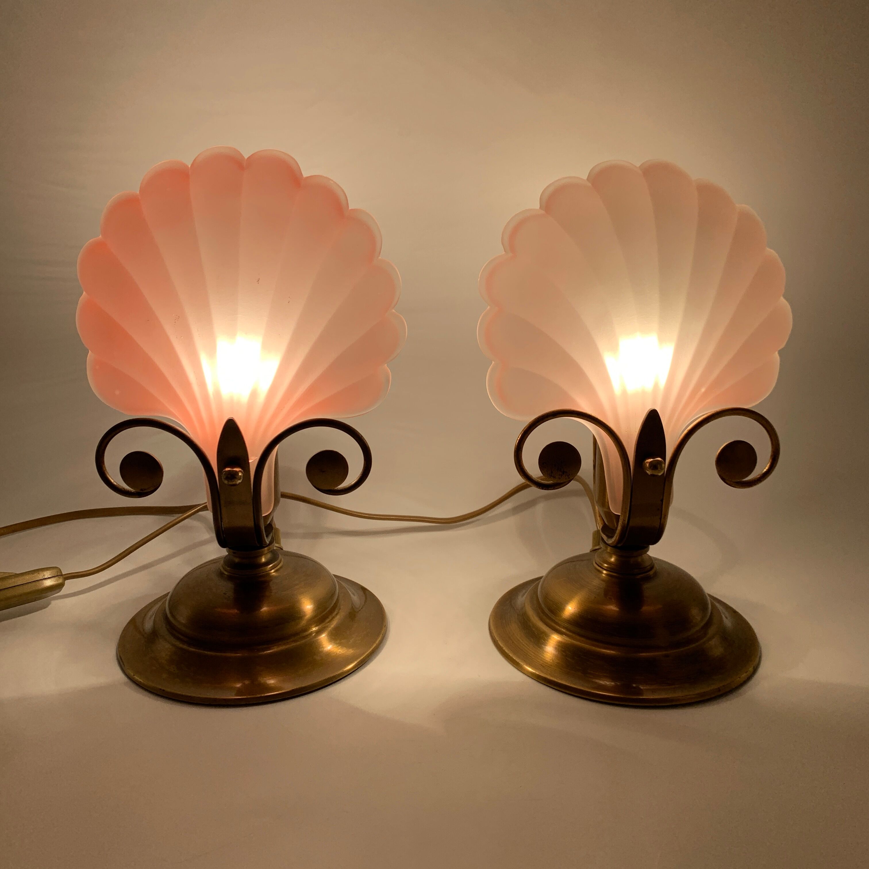 Pair of vintage brushed glass and brass shell lamps