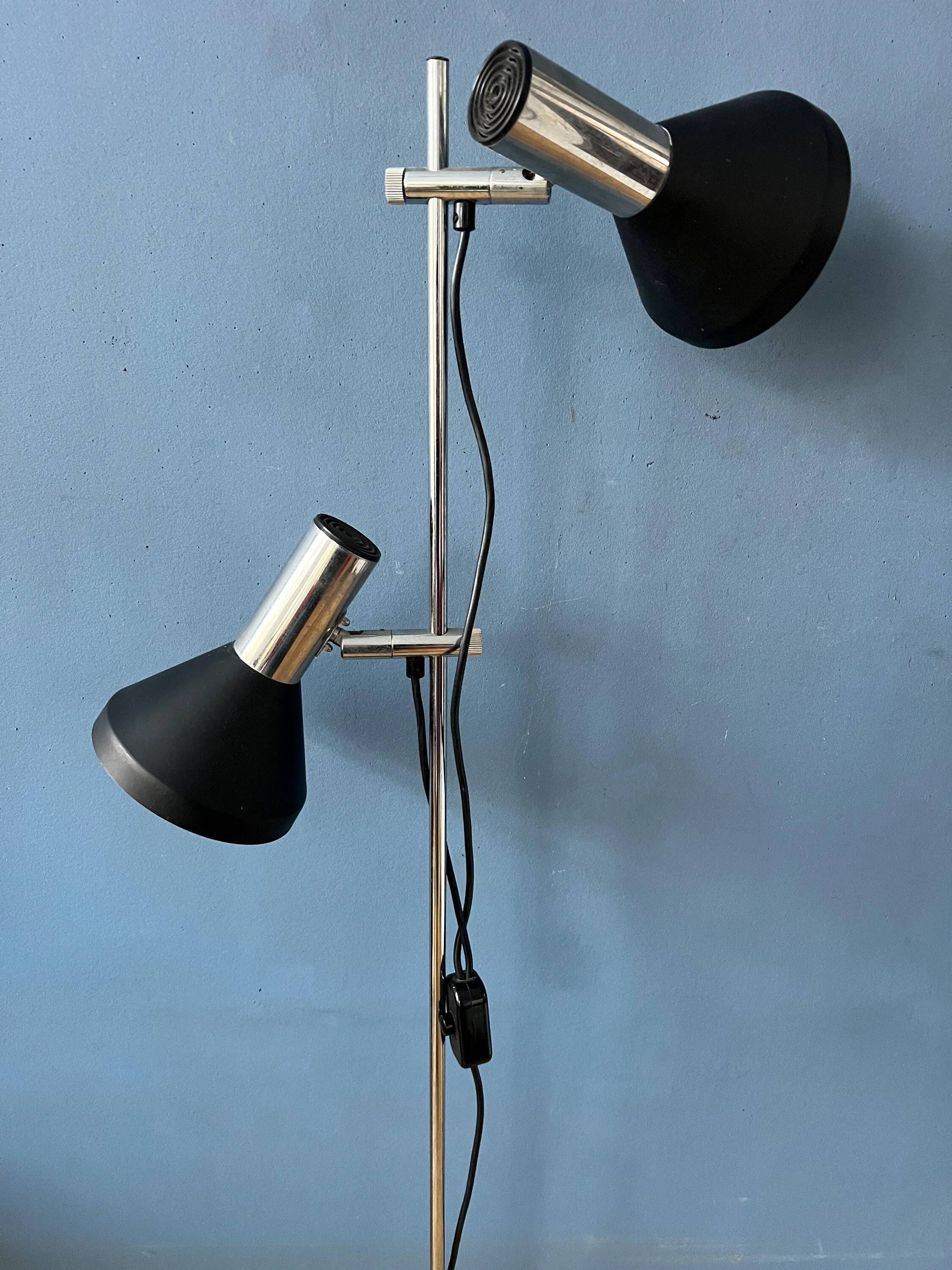 Mid-century black vintage floor lamp with two aluminium spots.