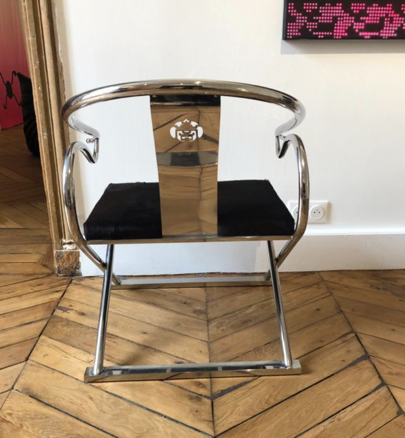 Contemporary design chrome chair inspired by Chinese traditionalism, calfskin upholstery