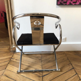 Contemporary design chrome chair inspired by Chinese traditionalism, calfskin upholstery