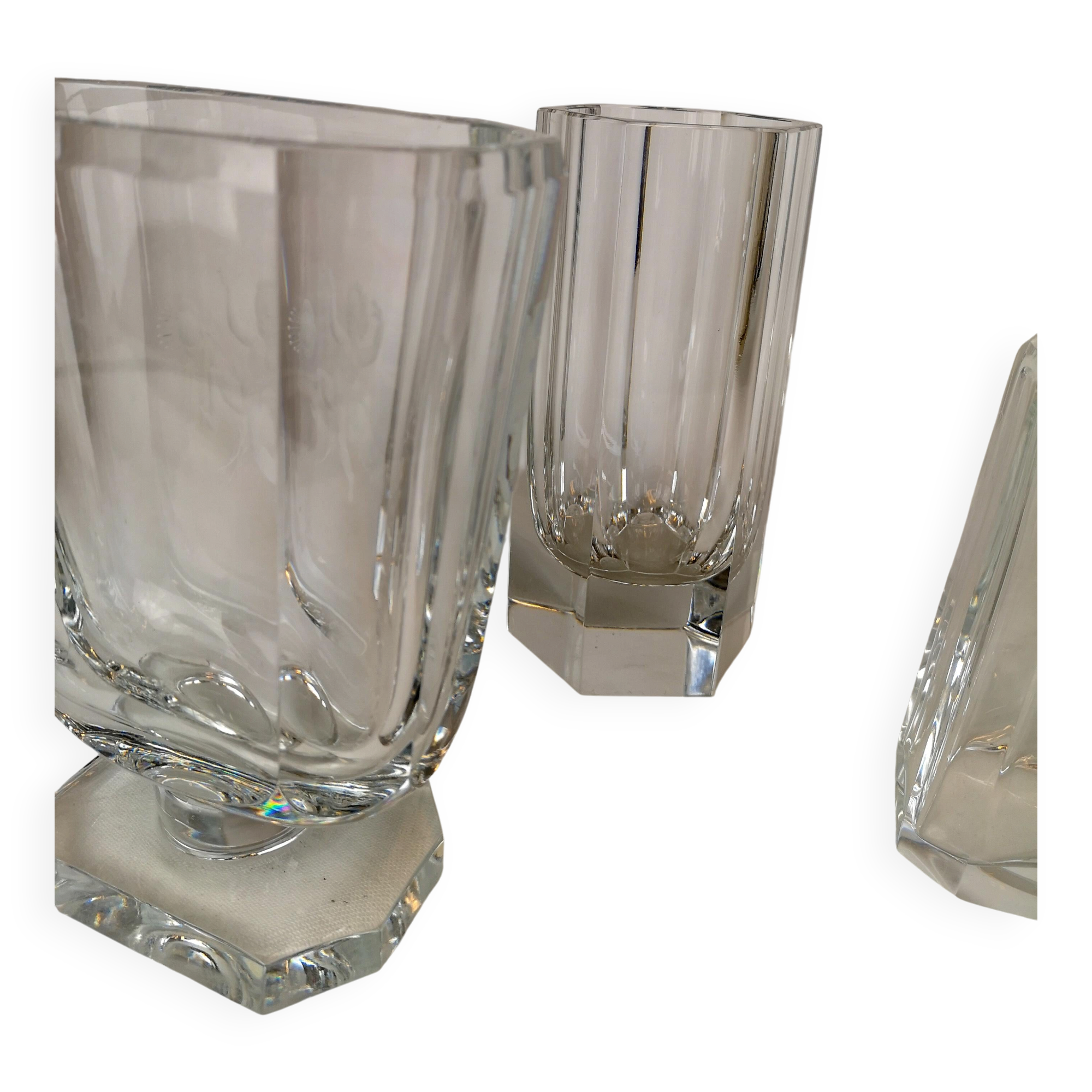 Art Deco three-piece crystal set by Elis Bergh, Kosta, Sweden, 1930s.