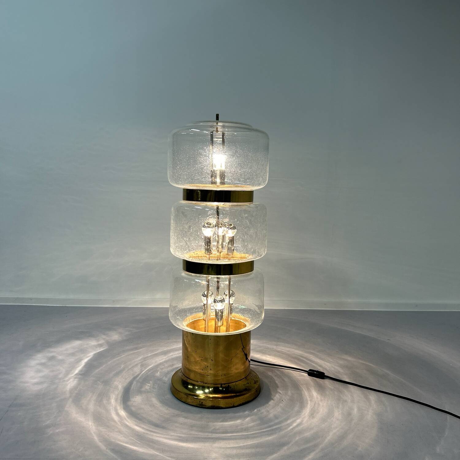 Large Floor Lamp of Mouth Blown Bubble Glass and Brass, 1970s