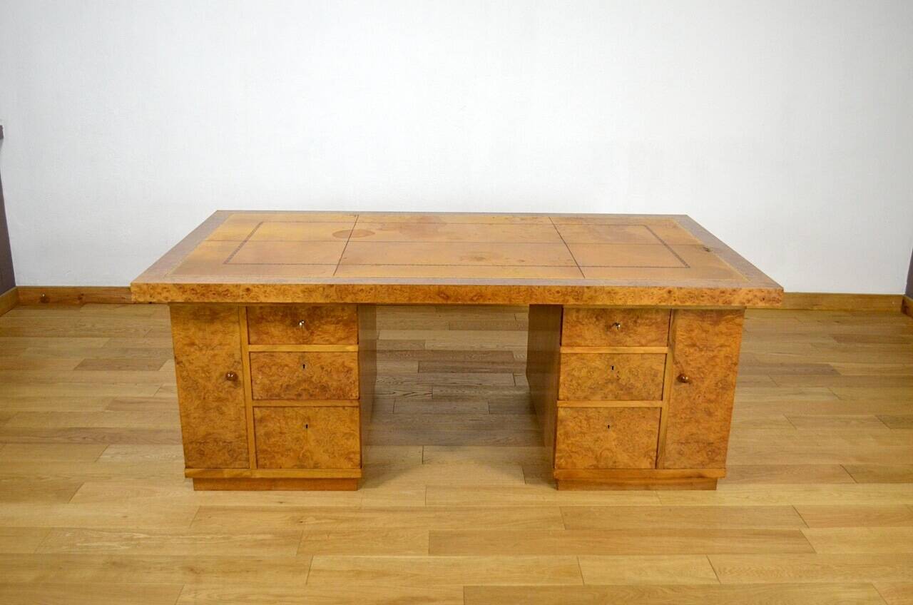 Art Deco Double-Sided Burr Walnut Desk 1950