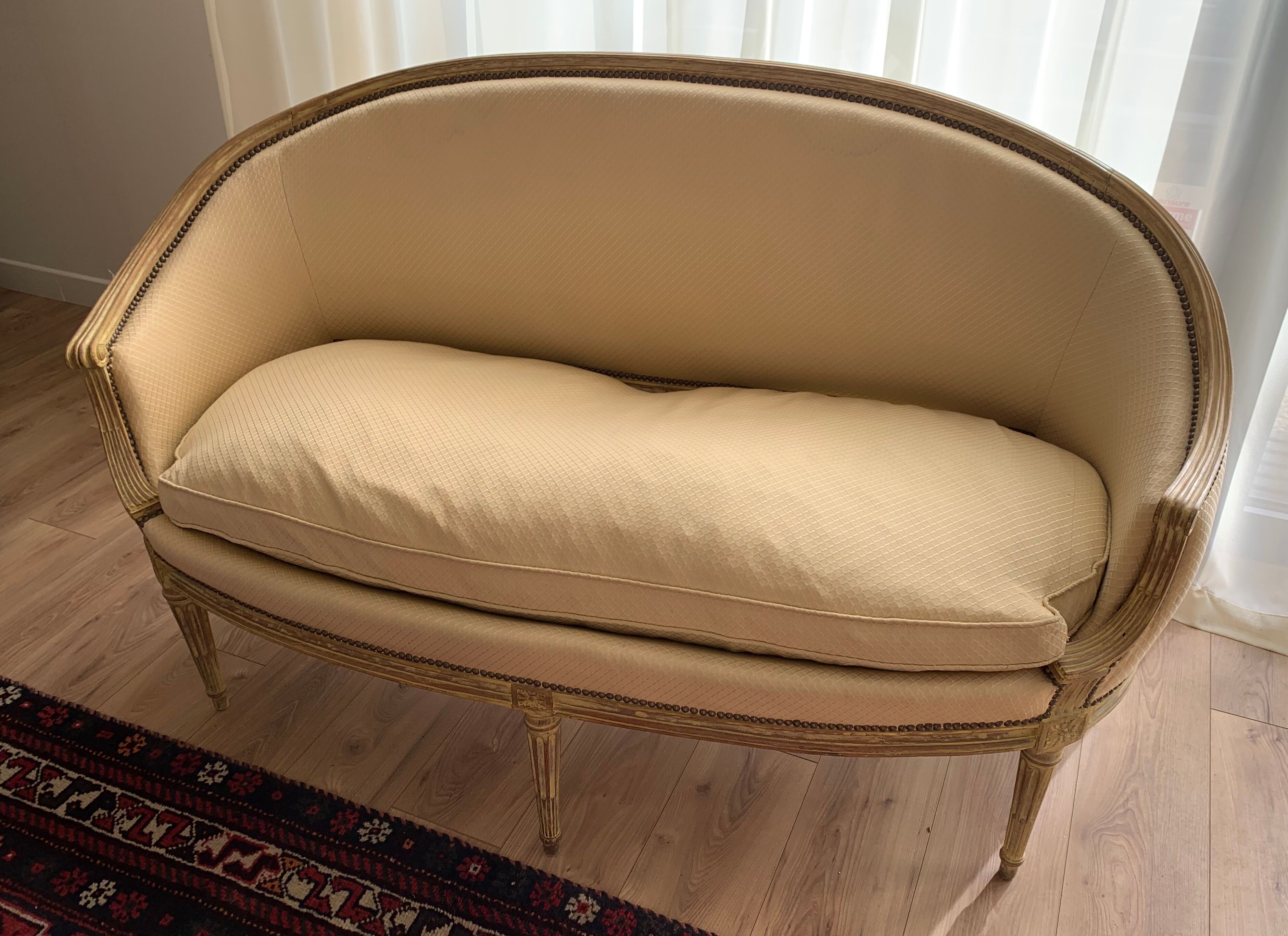 Louis XVI style patinated wooden basket sofa. Pierre Frey fabric. 19th century