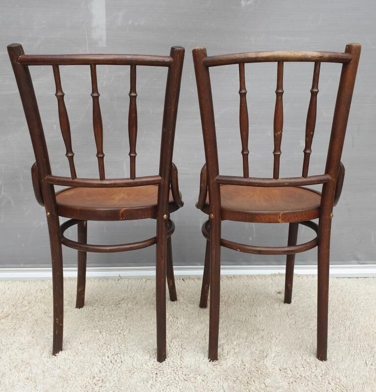 Pair chairs bistrot Thonet pyrograved design 1900 Art Nouveau