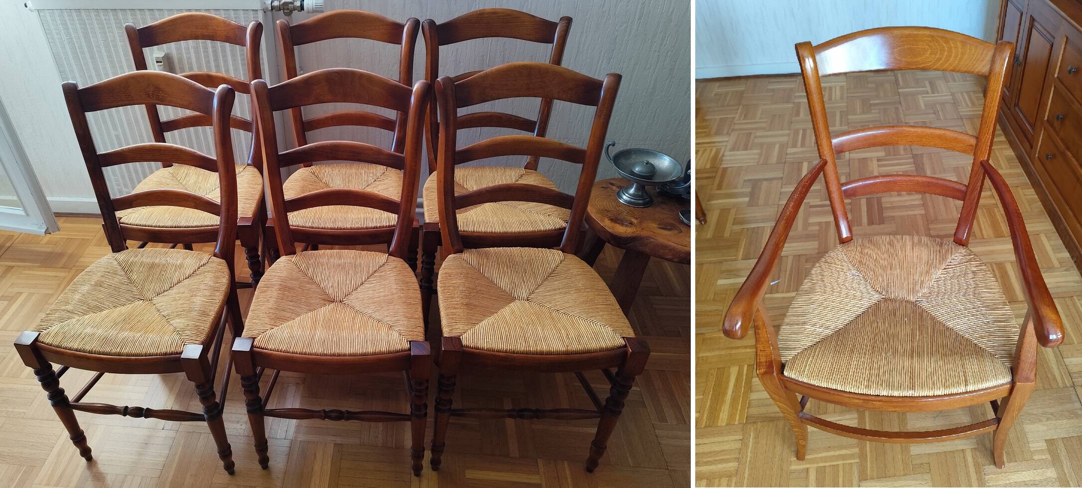 Set of 6 solid wood chairs with high-quality straw seats.