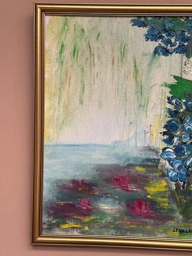 Mid-Century Oil on Canvas “Water Lilies” by Lena Larsson Framed 50 × 42 cm