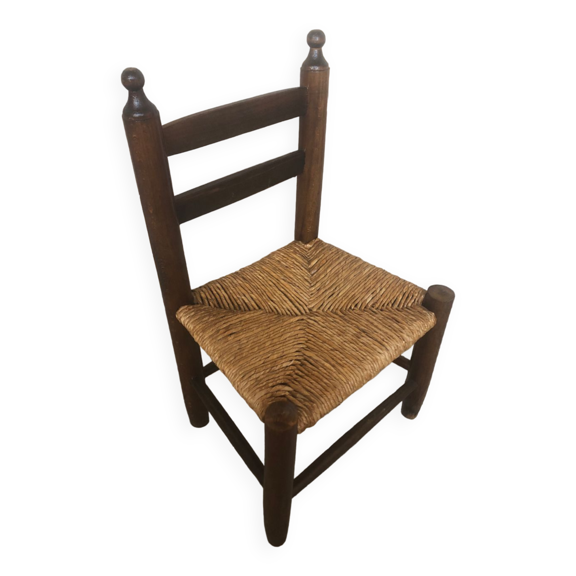 Chaise enfant bebe bois tourné + assise paille tressée vintage #a289