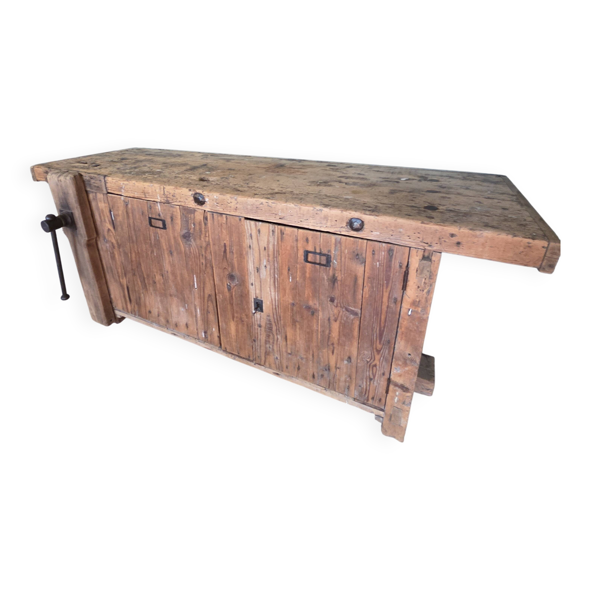 Antique carpenter's workbench in oak and beech - 19th century - Rare model with a cabinet.