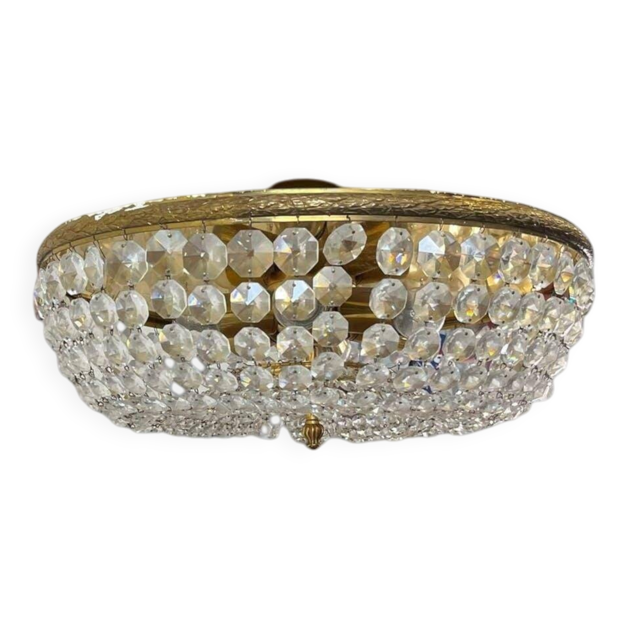 Vintage brass ceiling light/suspension with crystal.