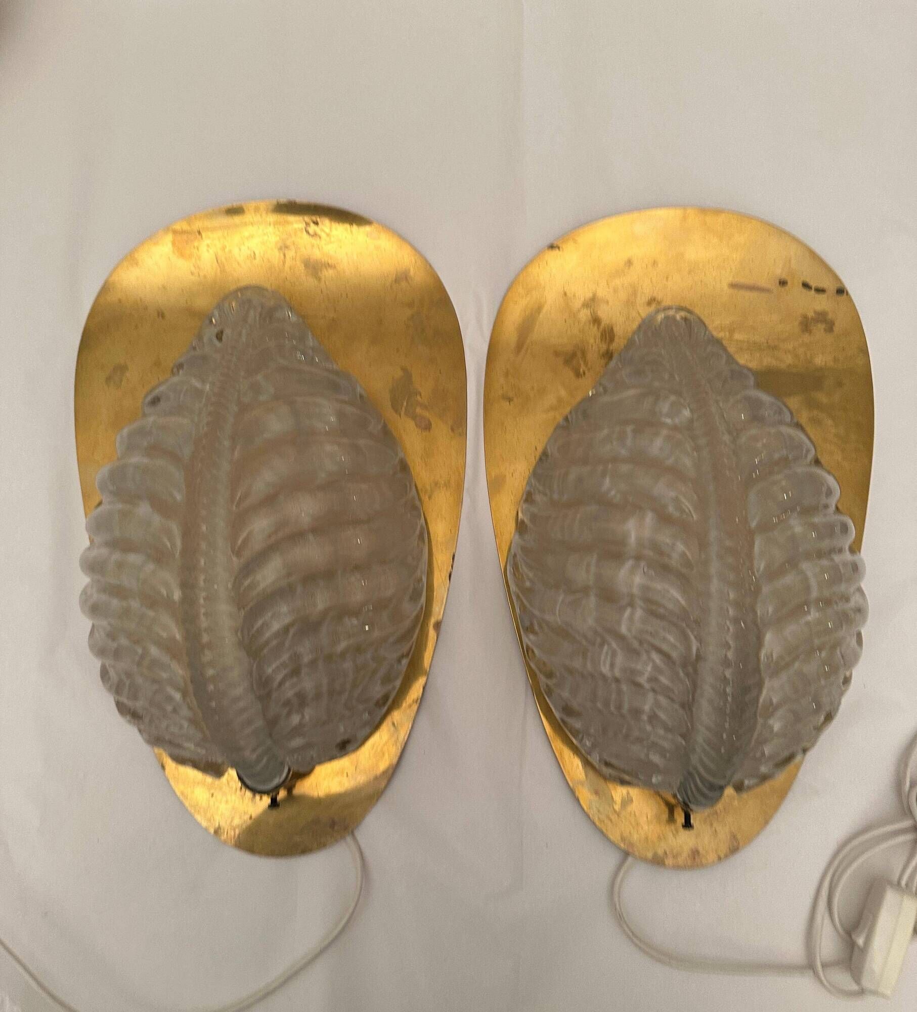 Fritz short brass and glass appliques in the shape of leaves Orrefors, 1960s