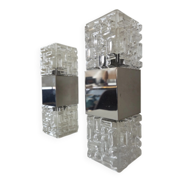 Pair of wall lights in glass and chrome metal