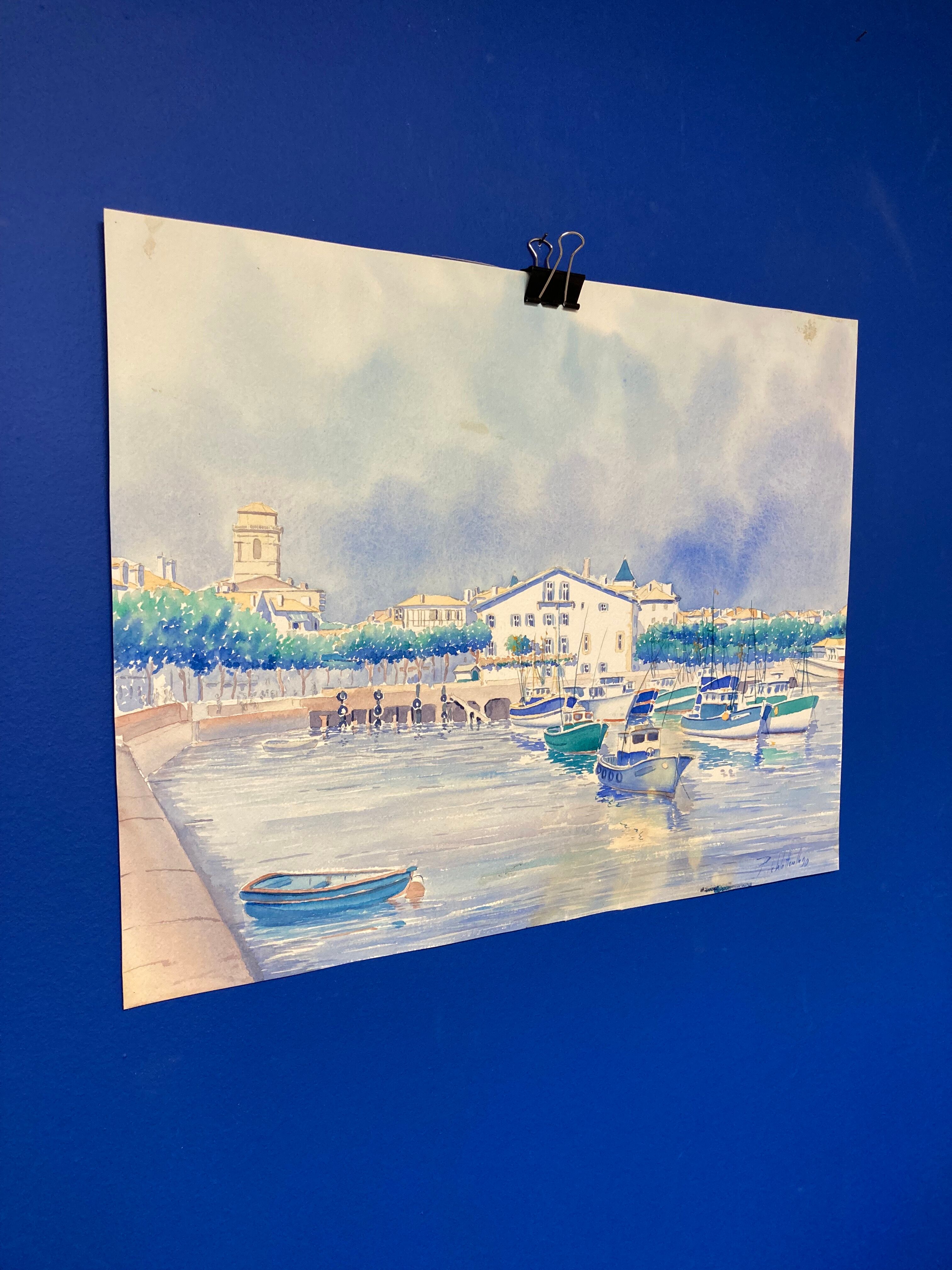 Aquarelle Marine Vintage Port de Saint-Jean-de-Luz
