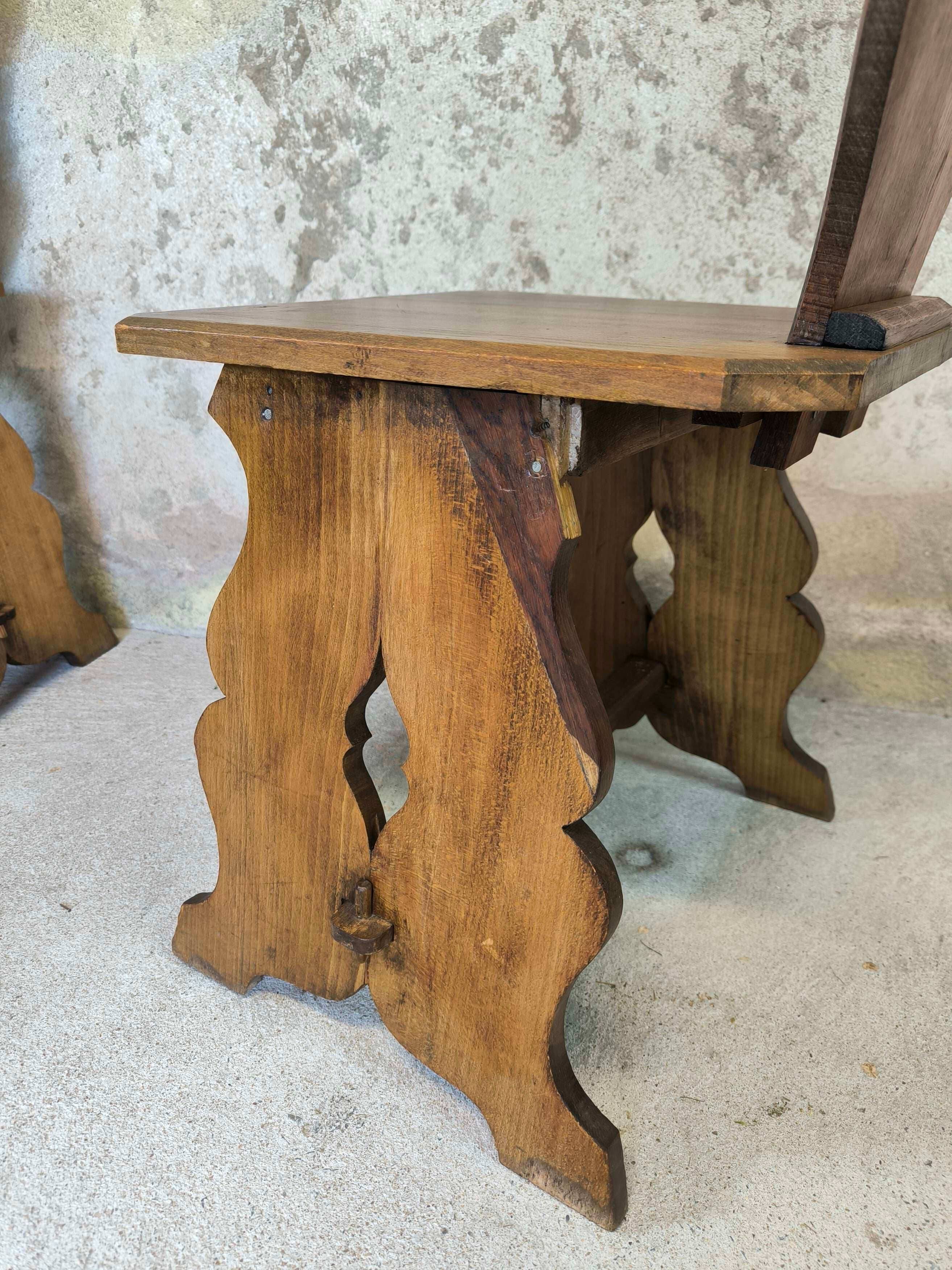 Set of six vintage brutalist wooden chairs.