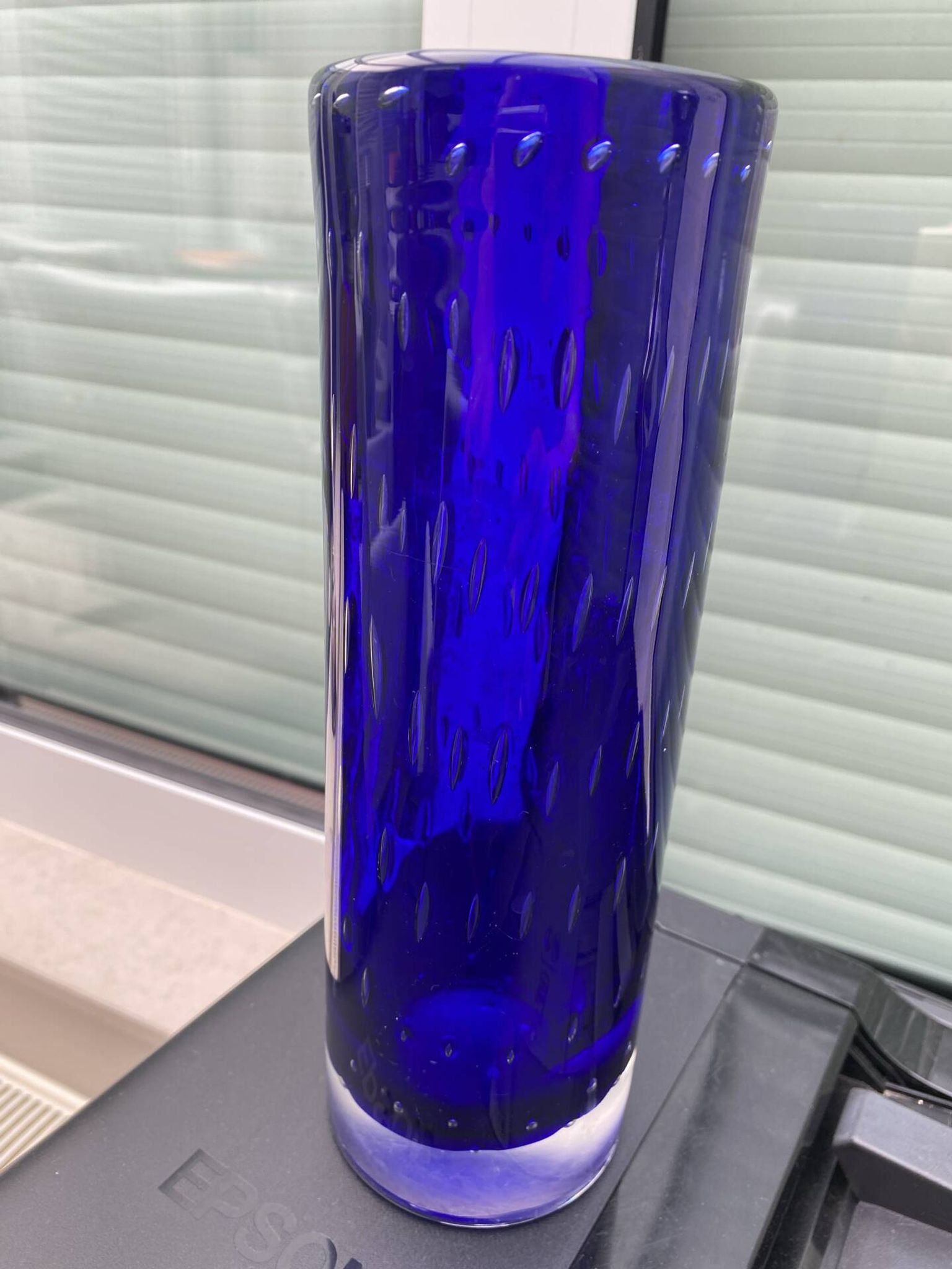 Vintage Scandinavian cobalt blue bubble glass vase from the brand.