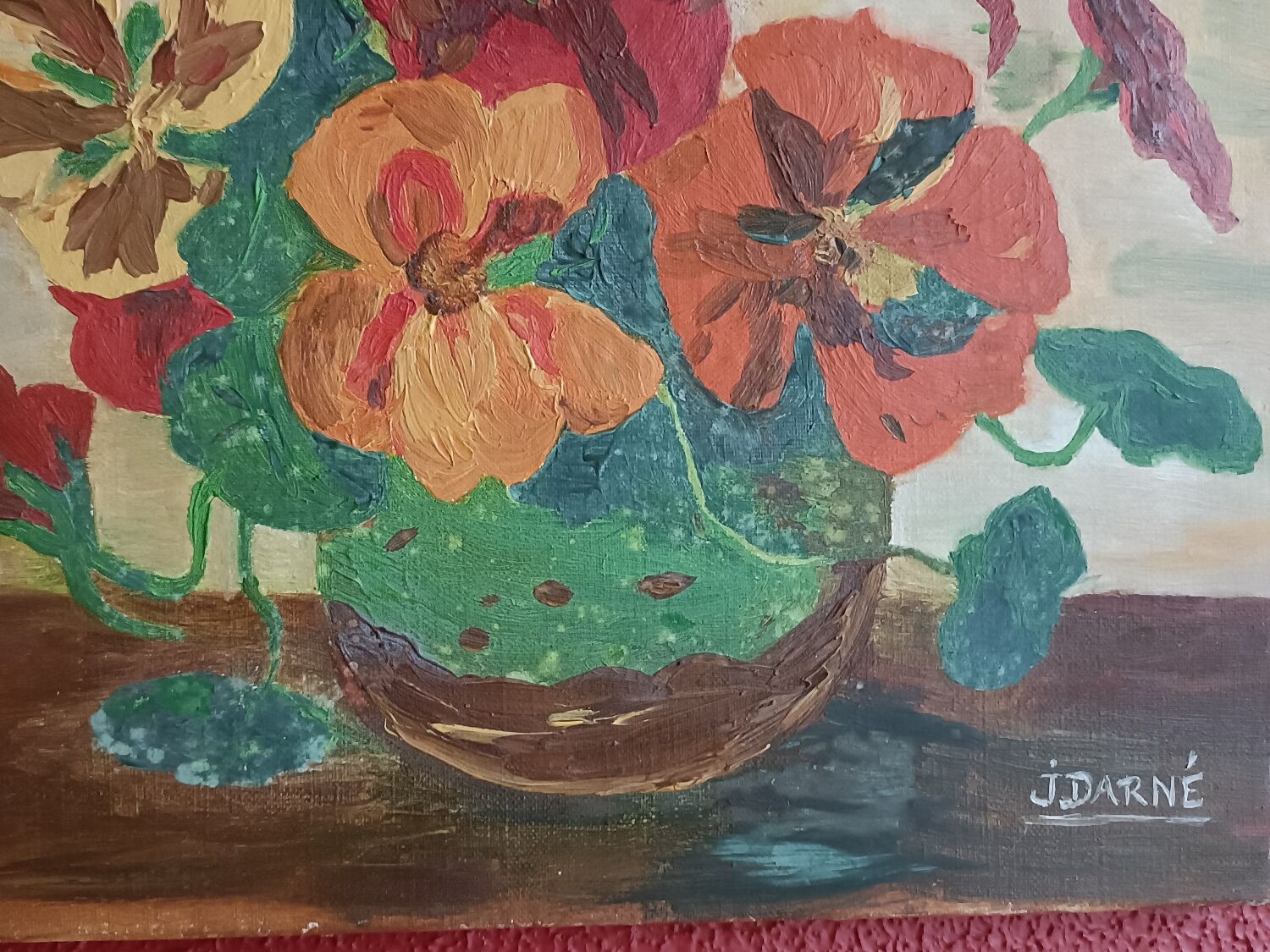 Canvas, cloth, bouquet of flowers, signature