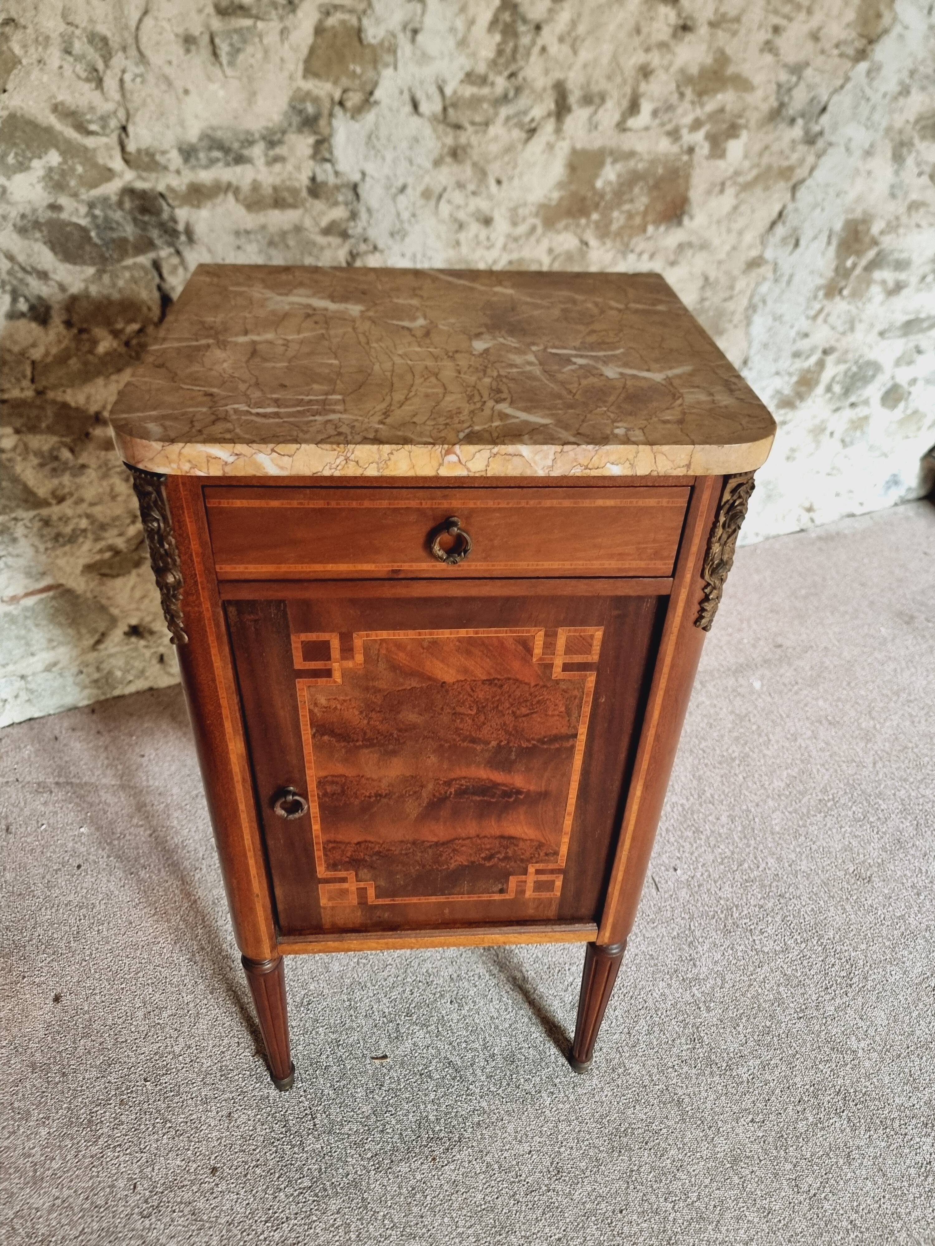 Antique French mahogany and walnut bedside table with marble top
