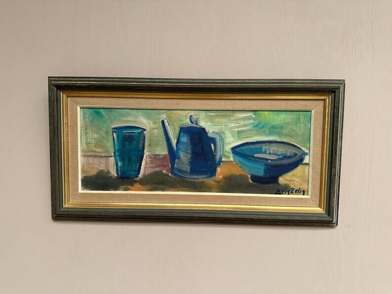 Large Original Swedish Oil on Panel – “Kettle Bowl and Glass” by Louis Zelig – Signed – Vintage & Framed – 40 × 80 cm (15.7" × 31.5")