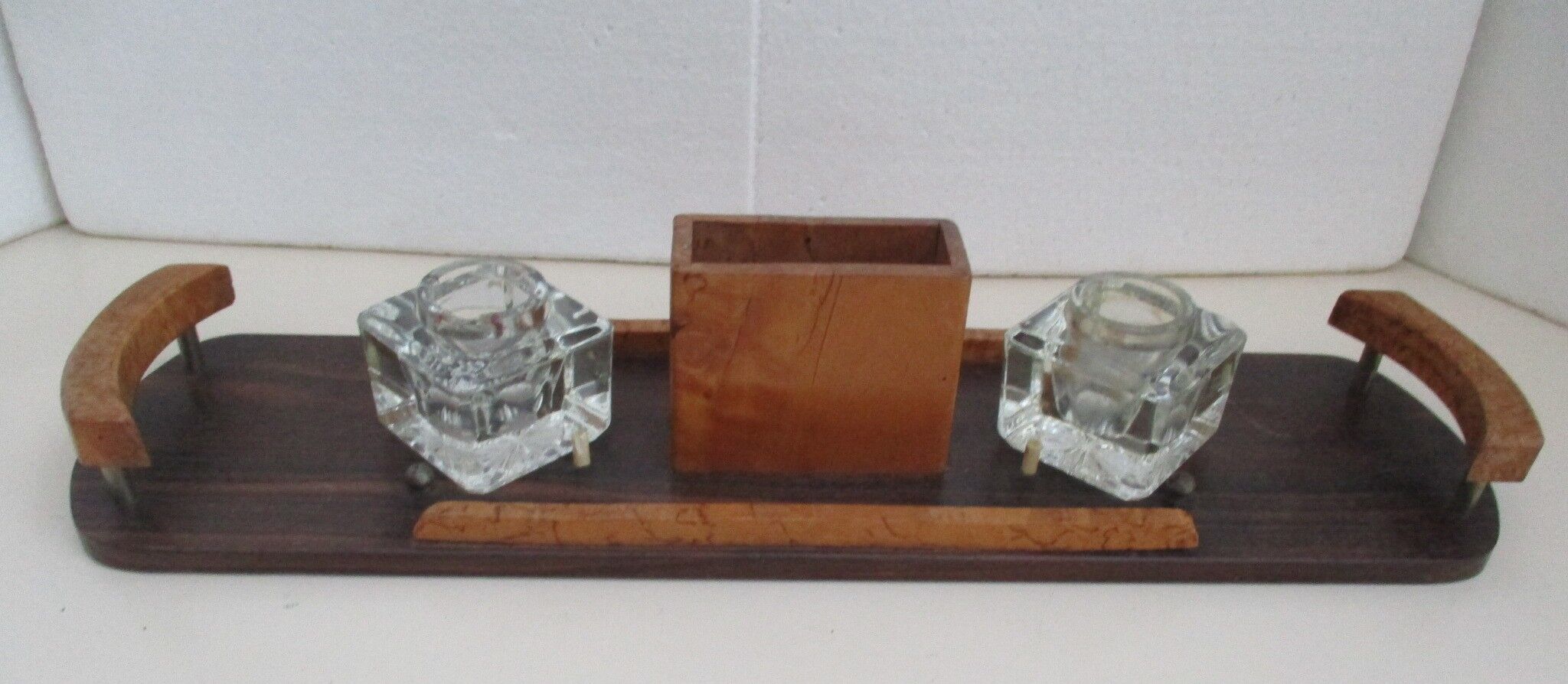 Wood inkwell and art deco glass