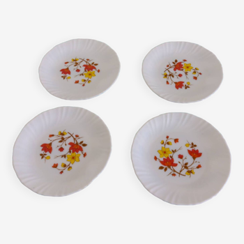 4 Arcopal dessert plates with orange and yellow flowers.