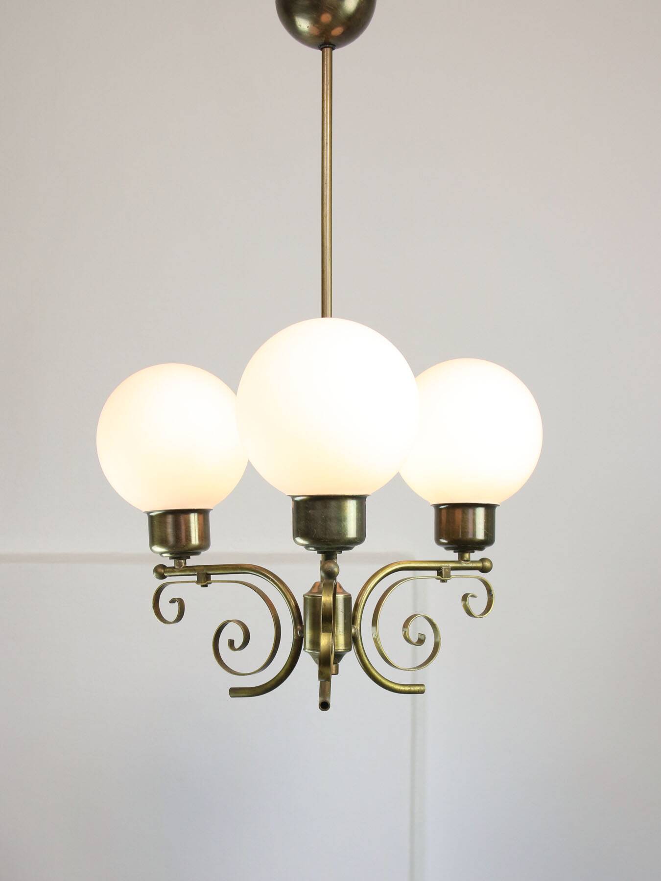 Vintage Italian Brass and Opaline Chandelier
