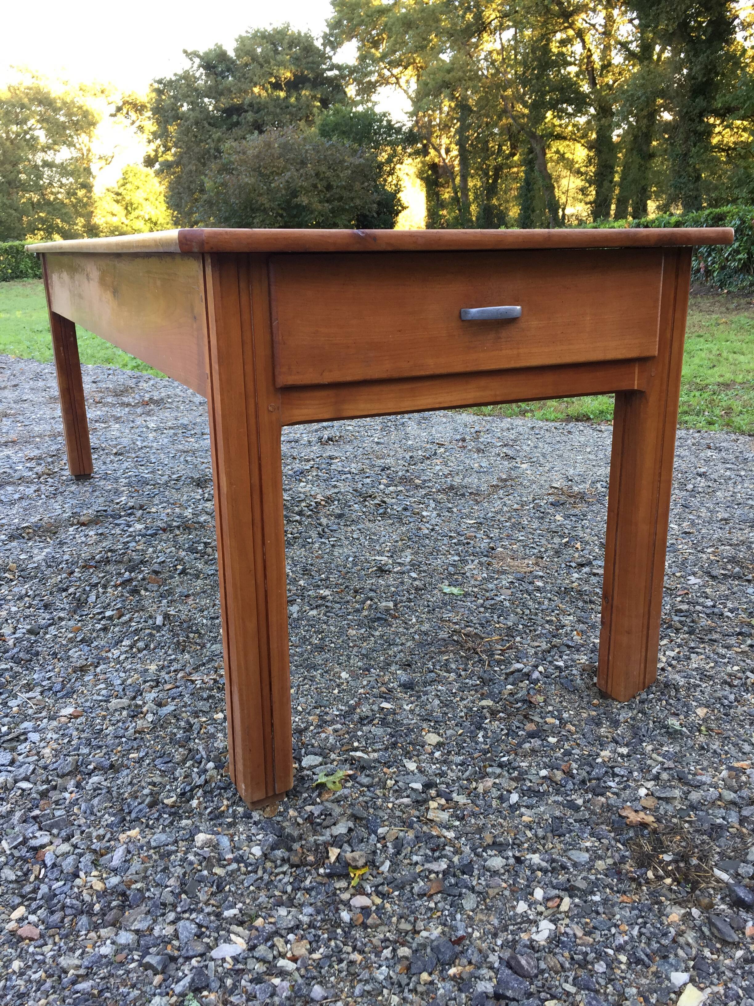 Vintage solid cherry farm table with 2 drawers and 1 bread pull.