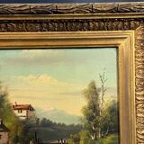 Lively mountainous landscape painting with river, gilded stucco wood frame, late 19th century